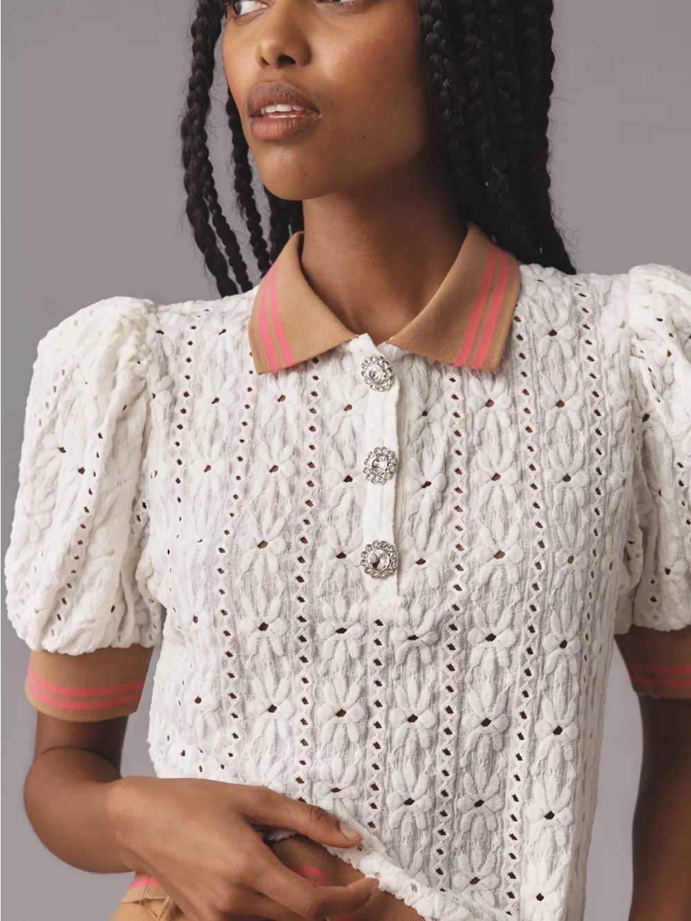 Maeve Puff-Sleeve Lace Polo Top Anthropologie Small